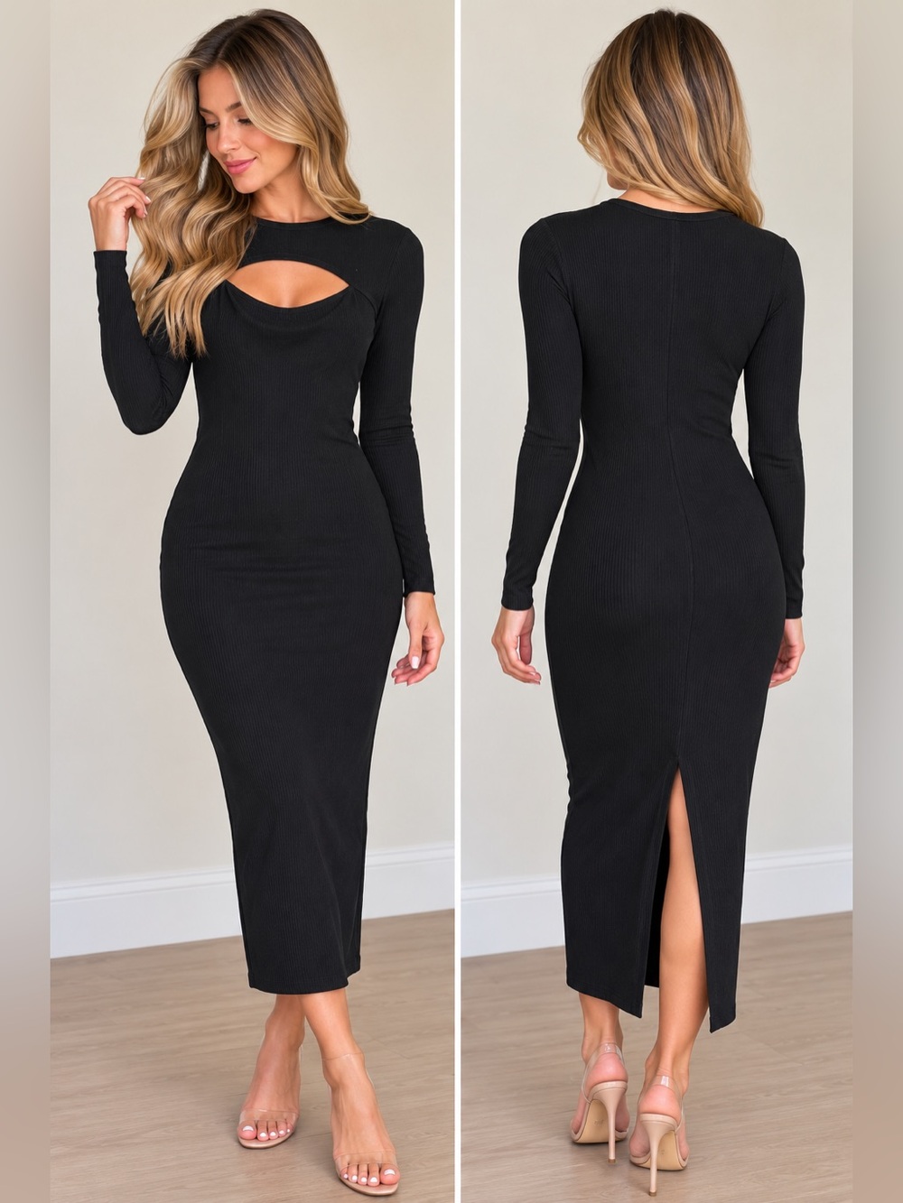 Edited by Remi Bader Black Ribbed Cutout Long Sleeve Midi Dress Size Medium